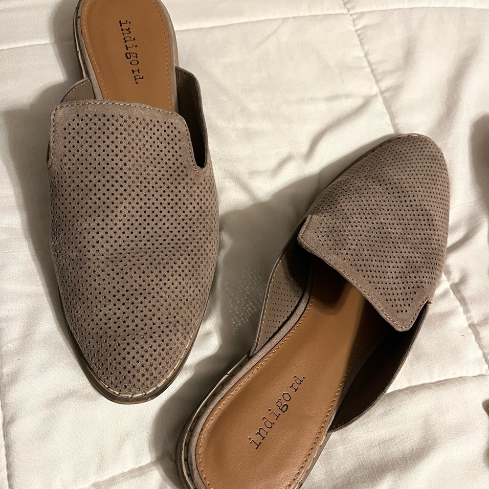 Indigo Taupe Perforated Suede Slip-On Mules